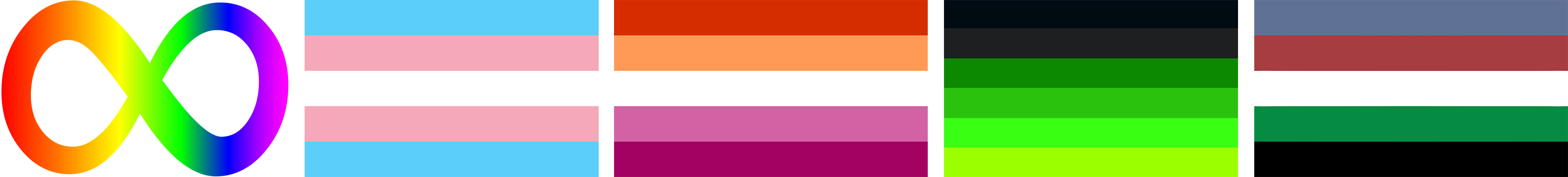 A horizontal banner featuring flags and symbols reflecting that of the webmaster. These include the rainbow infinity symbol, used to represent autism, the transgender pride flag designed by Monica Helms in 1999, the five-stripe lesbian pride flag derived from the 2018 seven-stripe design by Emily Gwen, the techgender xenogender flag design made by gender-plaza on Tumblr in October of 2020 and the alertgender xenogender flag, designed by the webmaster.