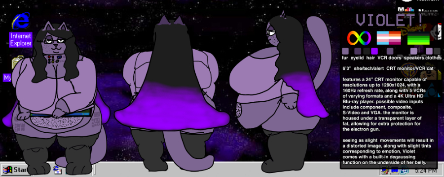 Another alternate reference for my sona which has an outfit consisting of a lavender sweater which leaves a considerable amount of cleavage visible, along with her belly below the speakers, while covering up the VCRs on her back. She is also wearing black thigh-high socks which leave her birthmarks exposed.