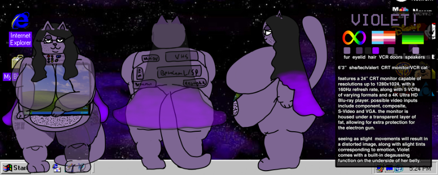 An alternate reference for my sona which has half-opacity layers for her breasts and hair in order to more clearly see the CRT monitor on her torso and VCRs on her back.