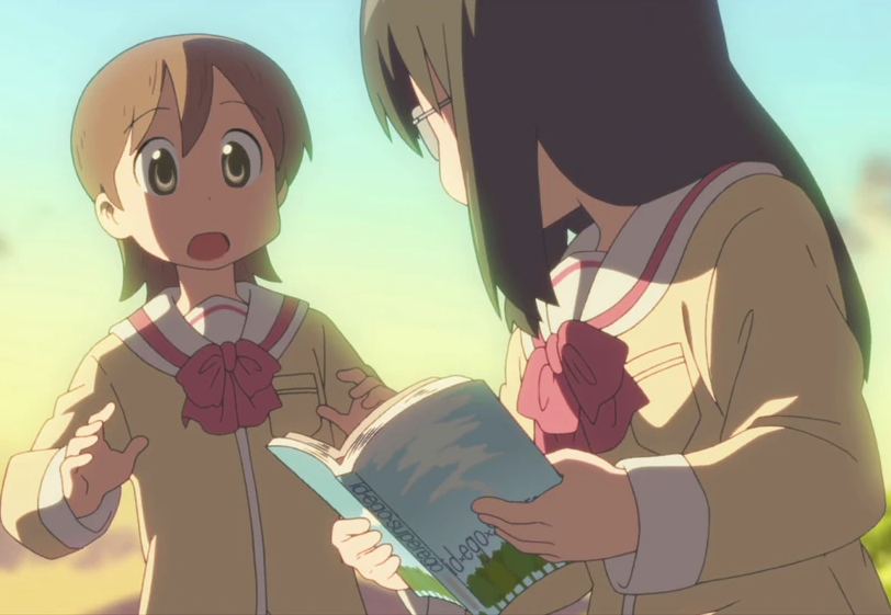 Mai and Yuuko's eyes lock as their faces are lit by sunset. Yuuko has short, pale brown hair. They are wearing their fall school uniforms. Yuuko holds an honest, agape expression in response to Mai's attempted advances. Mai continues to hold her open books, which are lying on top of each other, a common behavior of hers.