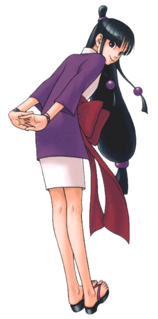 Maya Fey from the Ace Attorney series, with her arms extended and her fingers interlaced behind her back while looking over her shoulder toward the viewer. She has long, black hair with long side bangs with purple spherical clips near their ends. Her hair also has a small bun above her head supported by a small purple hairband, with a larger purple hairband at the end of her hair giving it a narrow tail. She has black eyes. Presently, we can see her wear a purple robe and a white dress that extends below her robe and rests above her knees with a tyrian obi wrapped around it, with a large bow on the front. She has several purple bracelets around her wrists and is wearing black zori with purple straps.