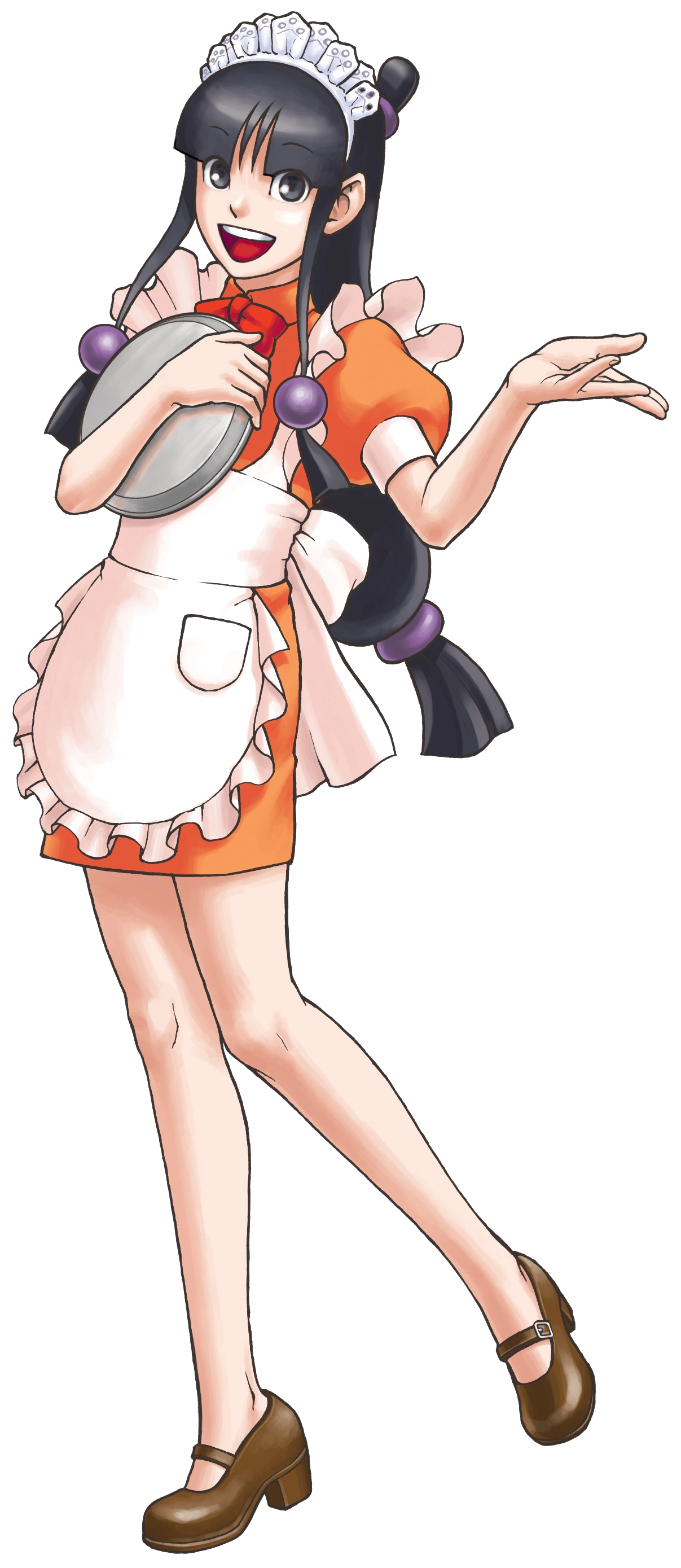Maya wearing a waitress outfit comprised of a short orange skirt dress with a frilly white apron on top, along with brown high heels and a frilly white headband. She is holding a silver plate with her right arm over her chest, her left arm gesturing toward the viewer. Her hair remains the same.