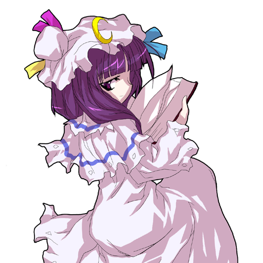 Patchouli glances towards the viewer while facing her body away from them. She has long, purple hair and purple eyes. She is wearing a nightcap with a yellow crescent moon and a very long and very light lavender dress with frilly amythest accents. She's flipping through pages on a leather-binded book.
