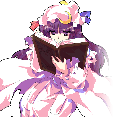 Patchouli faces the viewer, smiling, her gaze sitting in between her book and the viewer. She's wearing the same nightcap with a slightly different light lavender dress with darker violet accents.
