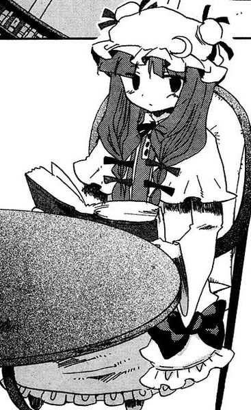 A grayscale illustration of Patchouli looks off to the right, unammused. She's sitting on a chair outside while holding a book. Bows near the end of her hair are visible, which are normally red and blue.
