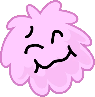 Puffball with a very squiggly mouth, an indicator of her satisfaction with consuming some delicious cake. She is pink and has large tufts of fur as her body, she appears circular in nature.