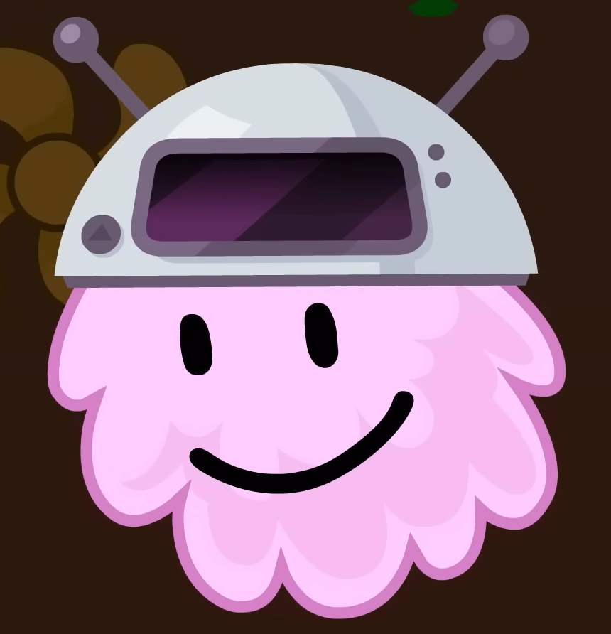 Puffball equipped with the Brain Wave, an invention of Golf Ball's which brings ideas into reality. The Brain Wave features two antennas and a large display which rests above the wearer's eyes. There is a large button to the left of the display with an up arrow printed on it. Two buttons with no markers appear to the right of the display.