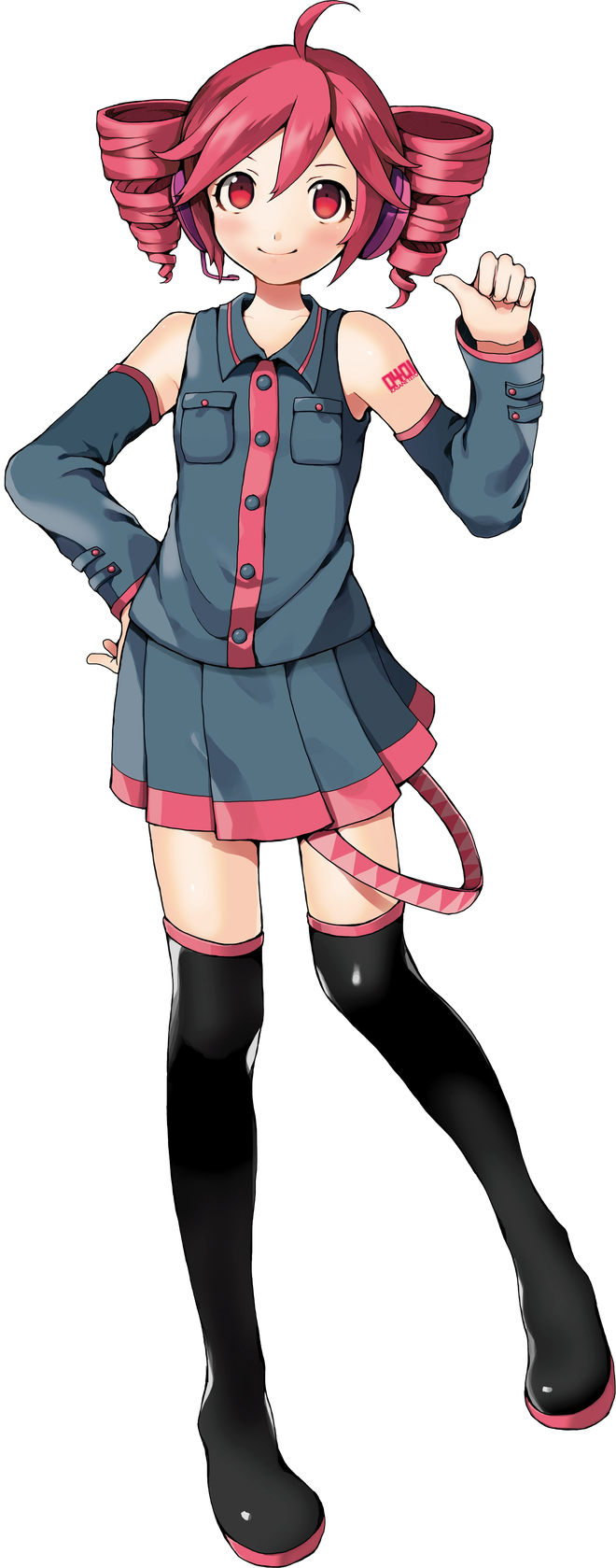 Kasane Teto, a vocal synthesizer who is a Chimera but presents as a human. She has pink hair which has drill-like pigtails referred to as twindrills, as well as a cowlick on the middle of her head. She has red eyes. She is wearing a gray button-up tanktop and skirt with pink accents around the ends and center, and half-sleeves showing her upper arms, where her pink 0401 can be seen. She is wearing a pink belt with a triangular geometric pattern that forms a loop which rests on her left thigh. She is wearing purple headphones over her ears. She is also wearing black thigh-high boots with pink soles and pink accents at the top. Her right hand is resting on her hip while her left hand is pointing her thumb towards her face